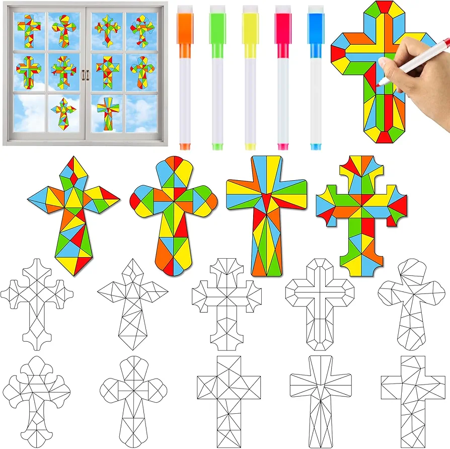 Qyeahkj 30 Pack Cross Window Suncatchers Crafts Kit for Kids Christian Religious DIY Coloring Crafts Window Clings Stickers Kit Sunday School Bible decor with 10 Markers for Home Classroom Decorations