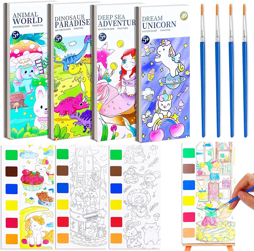 YXOTJHS Water Color Paint Sets for Kids, Paint With Water Books for Kids Ages 4-8, Pocket Watercolor Painting Book, Arts and Crafts Kit for Girls Boys（4Pack）