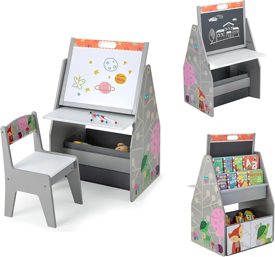 Costzon 3 in 1 Kids Easel with Chair, Wooden Art Table with Adjustable Double-Sided Magnetic Whiteboard & Blackboard, Bookshelf, Storage Bin, Kids Table and Chair Set for Drawing, Writing (Grey)