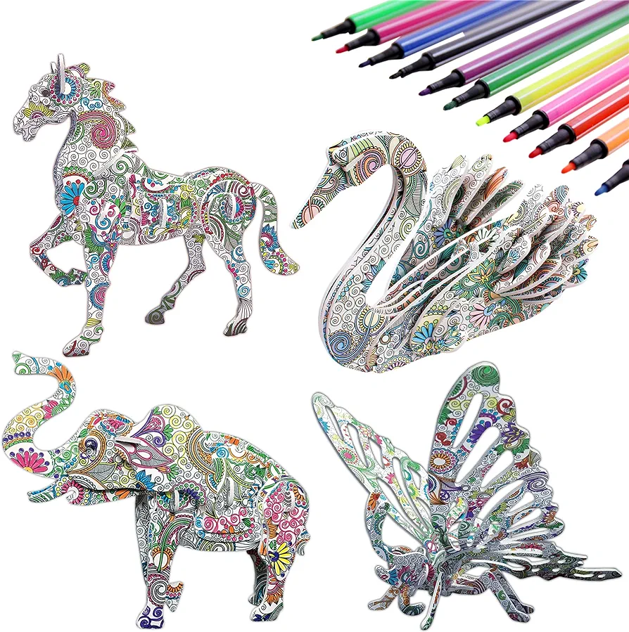 KAZOKU 3D Coloring Puzzle Set,4 Animals Puzzles with 12 Pen Markers, Art Coloring Painting 3D Puzzle for Kids Age 7 8 9 10 11 12. Fun Creative DIY Toys Gift for Girls and Boy