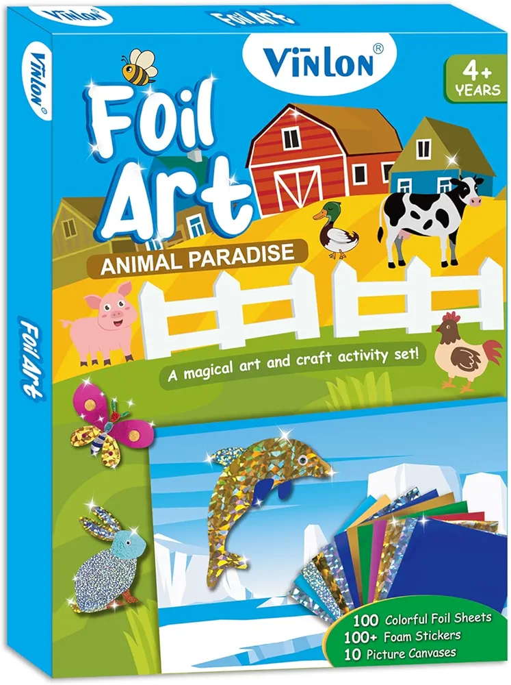 Vinlon Foil Fun Arts and Crafts Kits for Kids, Mess Free Kids Travel Activities Toys, DIY Art Craft Supplies, Gifts for Children, Boys and Girls Ages 4 5 6 7 8 9 10 Years Old (Animals)