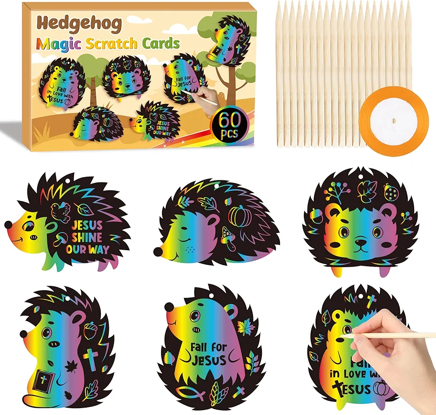 WATINC Fall Hedgehog Scratch Cards - 60pcs Autumn Scratch Art Crafts Kit for Kid, DIY Magic Animal Hanging Scratch Paper, Harvest Thanksgiving Party Sunday School Classroom Thankful Activities Project