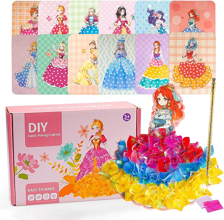 IACTIONUNION Fabric Art Frenzy for Kids,Crafts for Girls Ages 4-8,Poke Art DIY Toys,Princess Dress-up Puncture Painting Sets 12 Sheets
