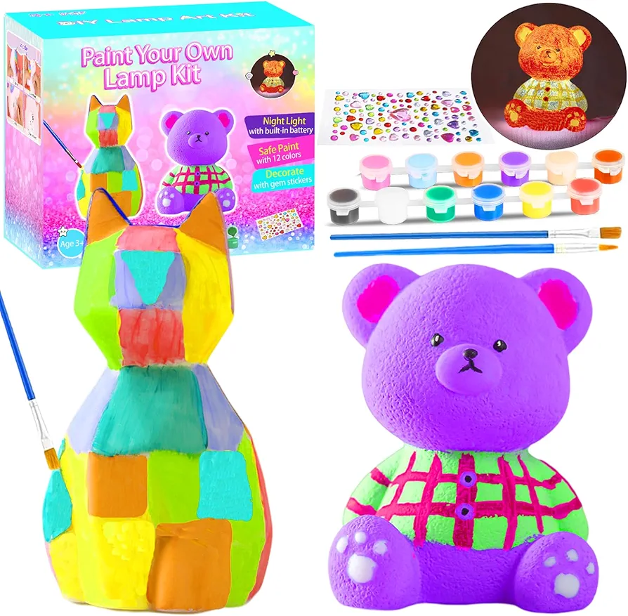 BATURU Paint Your Own Cat and Bear Lamp Kit, Arts and Crafts for Girls Kids Ages 4-8-12, Painting kit for Kids 6-12, Toys Girls Boy Birthday Gift Ages 4 5 6 7 8 9 10 11 12+(2 Pcs)