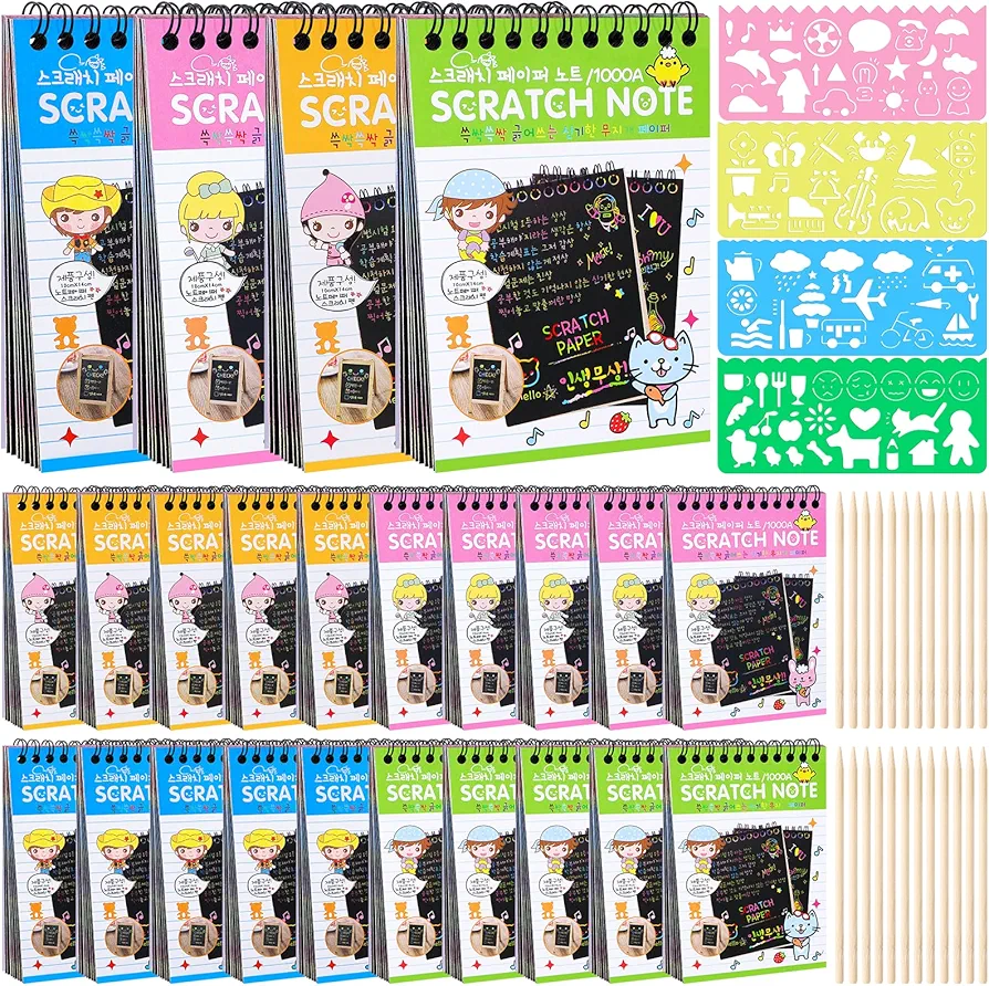 YSCare 24 Pack Scratch Arts and Crafts Notebooks, Rainbow Scratch Arts Paper with 24 Wooden Stylus and 4 Drawing Stencils, Christmas DIY Arts and Crafts for Kids Birthday Party Favors Game Gift