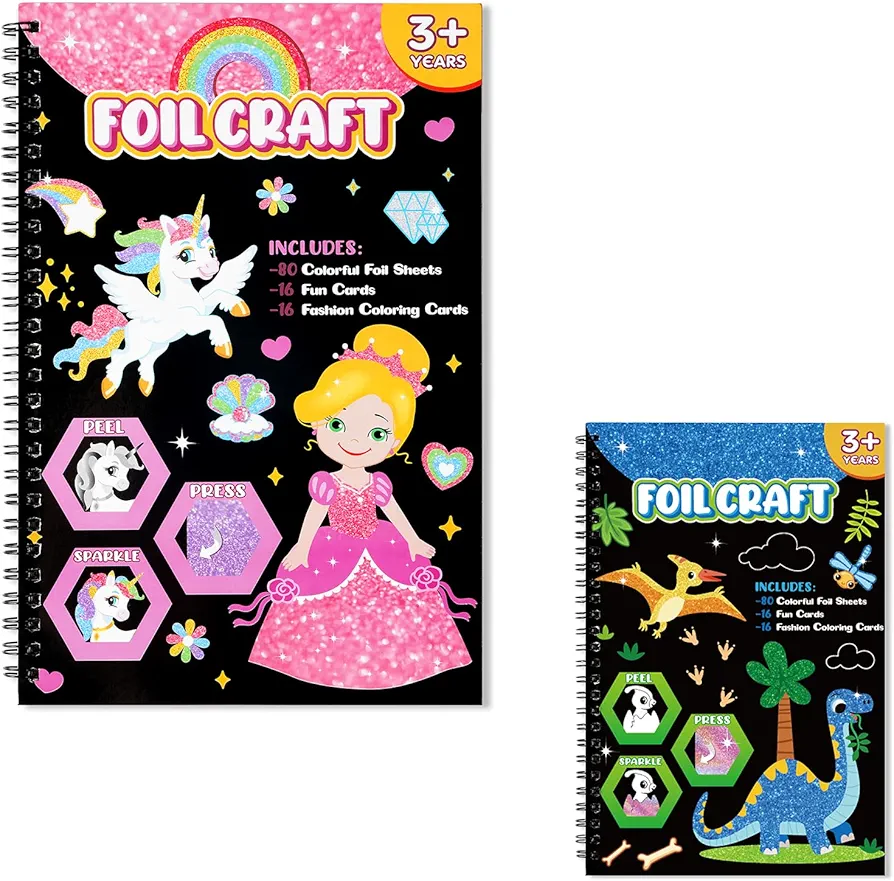 Art & Craft Activity,Foil Fun Princess and Dinosaur DIY Art Kits,No Mess Creative Foil Art Kits Set Drawing Game for Kids