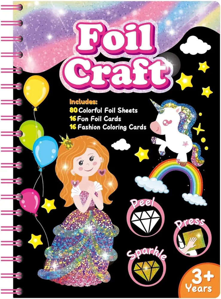 Vortexia Children's Foil Craft Kits: Princess & Unicorn Foil Fun DIY Toy Kits, Fun Foil Cards and Coloring Cards in One,Creative Activity Birthday Travel Toys, Arts & Crafts for Kids 3-8 Years Old