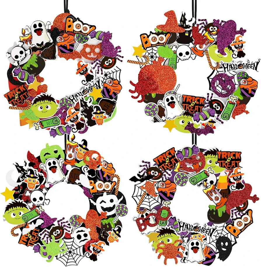 Openfly 12 Sets Halloween Wreath Craft Kit for Boys Girls, Halloween Wreath Sign Decorations Pumpkin Spider Bat Candy Stickers DIY Halloween Foam Crafts Kit for Home Classroom Halloween Party Decor