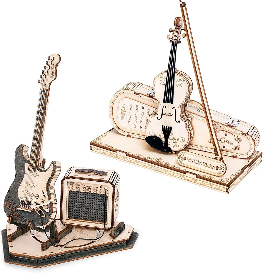 ROKR 3D Puzzles for Adults Wooden Craft Kits Musical Instrument Model Kit Electric Guitar+Violin Capriccio TG604K+TG605K