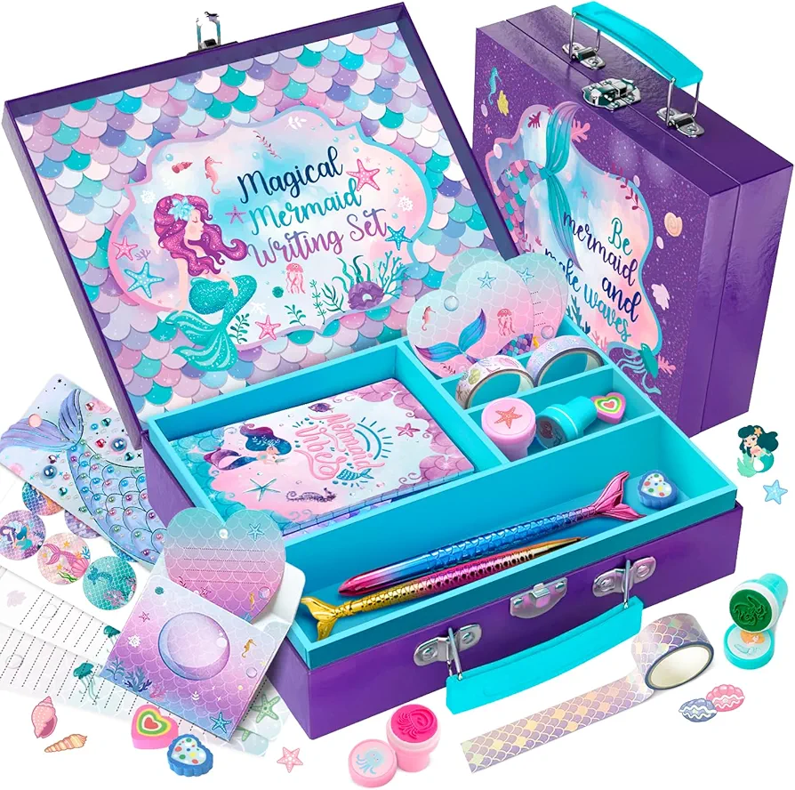 Mermaid Stationery Set for Girls - 54-Piece Art and Letter Writing Kit with Storage Case - Ideal Birthday Gift for Kids Ages 4-12 - Perfect for Preteen Crafts and Toys