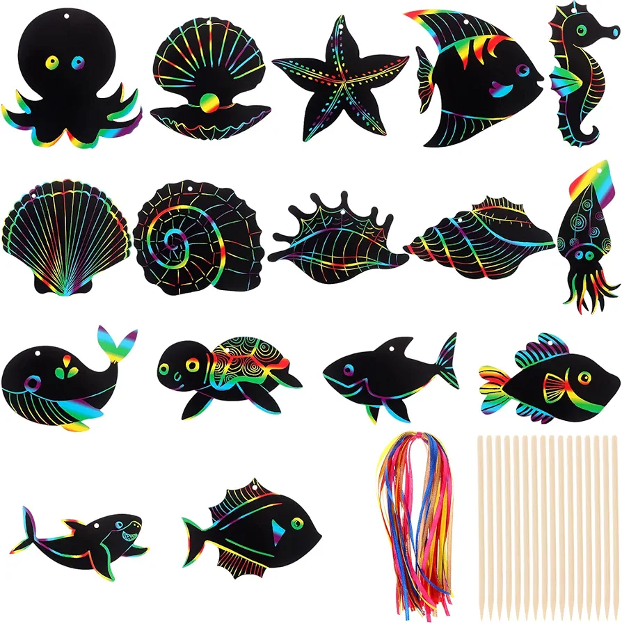 64 Pcs Sea World Theme Scratch Cards Rainbow Color Scratch Crafts Art Card Shell Dolphin Starfish Tortoise Scratch Card Art Kit with 70 pcs Wood Stylus Ribbon for Classroom DIY Art Craft Party Favors