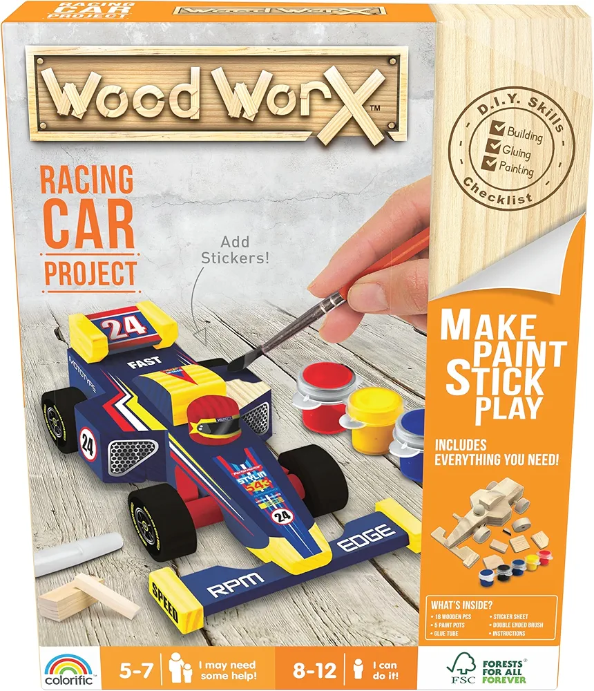 Wood Worx Racing Car Project - Make, Paint, Stick, Play - Wood Craft Kit