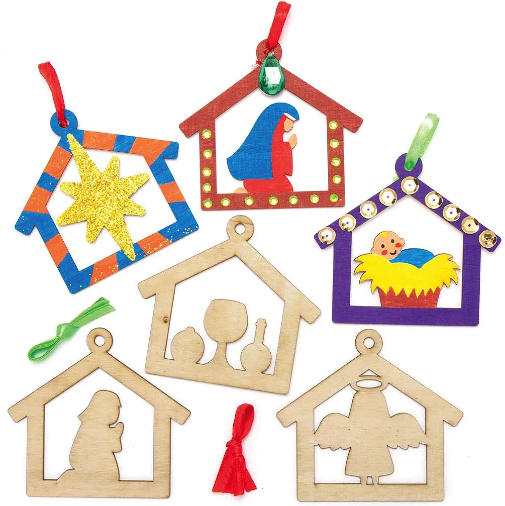 Baker Ross AX559 Nativity Wooden Bauble Decorations - Pack of 10, Christmas Tree Ornaments for Creative Art and Craft Activities to Paint and Decorate