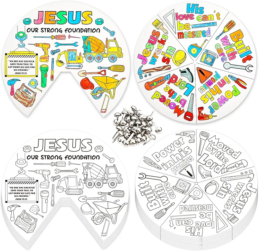 Spiareal 30 Set Construction Coloring Wheel Religious Crafts for Kids DIY Sunday School Crafts with Silver Fasteners Color Your Own Art Wheel Kit for Christian Bible Celebrate Activity