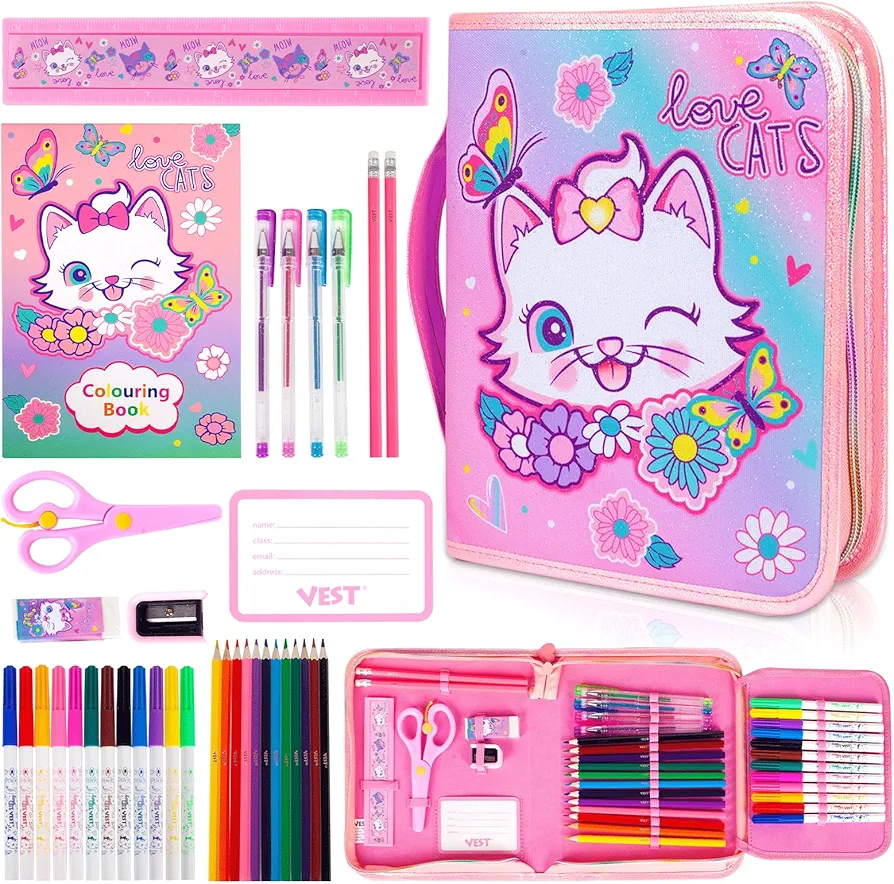Markers Set with Glitter Cat Pencil Case & Stationery, Back to School Art Supplies Coloring Kits for Kids Ages 4-6-8-12, Cat Birthday Gifts for Girls Aged 4 5 6 7 8 9 10 11 12 (Cat)