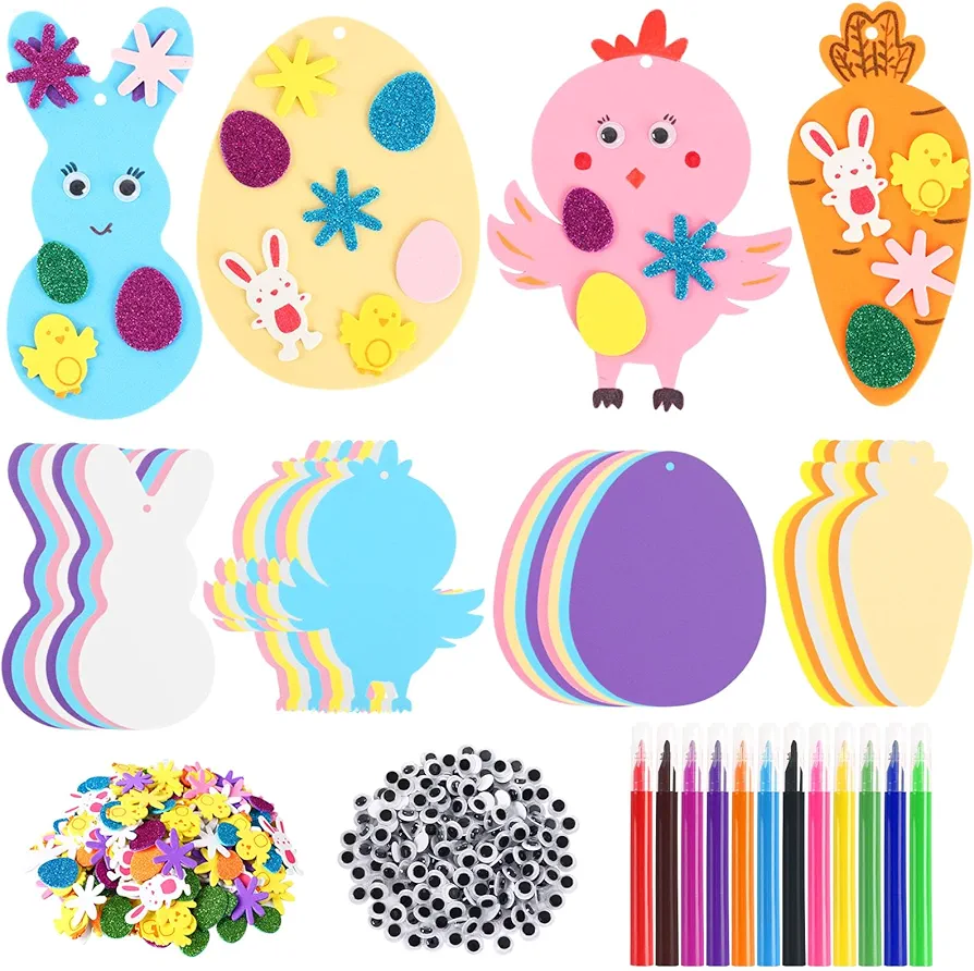 JULBEAR Easter Foam Crafts for kids, 260 Pcs Foam Easter Foam Stickers Egg Rabbit Carrot Chick Arts and Crafts Kits,DIY Stickers Set for Kids Party Favors Supplies