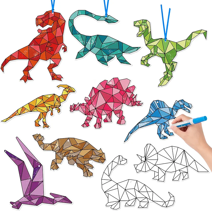 BeYumi Coloring Dinosaur Craft Kit - 83Pcs Color Your Own Dinosaur Kit for Kids DIY Coloring Craft Kit Coloring Dinosaur Geometric Card Decor School Classroom Dinosaur Theme Party Activity Art Craft