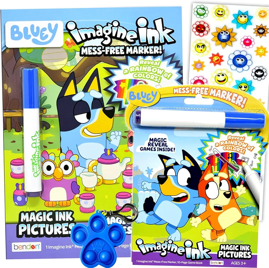 Bluey Magic Ink Coloring Book Set for Kids- Bundle with 2 Bluey Imagine Ink Coloring Books with Invisible Ink Pens, Stickers and More