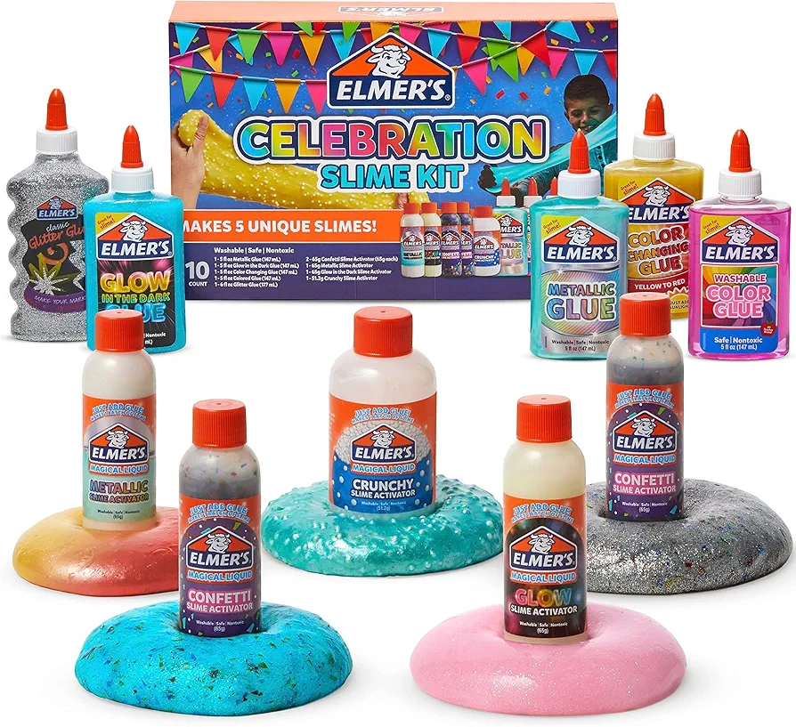 Elmer's Celebration Slime Kit, Complete Slime Supplies with Assorted Magical Liquid Slime Activators and Assorted Liquid Glues, 10 Count, Perfect for Parties and Activity Time