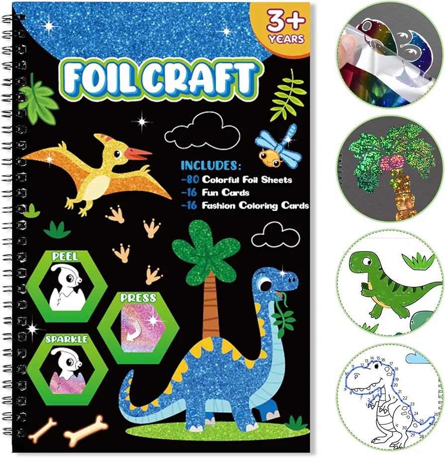 Art & Craft Activity,Foil Fun Dinosaur DIY Art Kits,No Mess Creative Foil Art Kits Set Drawing Game for Kids,Birthday Gifts Crafts Supplies Kits Travel Toys for Girls Boys Ages 4 5 6 7 8 9 Year Old