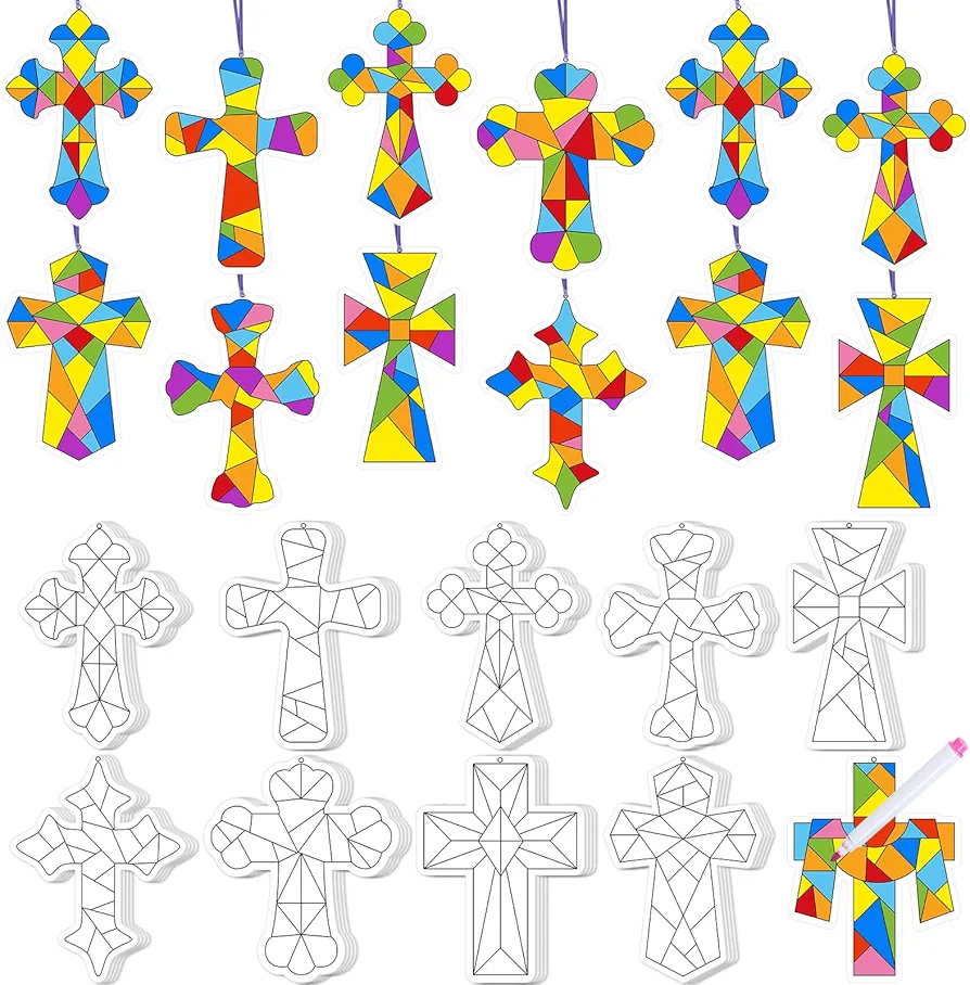 91PCS Cross Craft for sunday school Color Your Own Cross Hanging Ornaments Geometric Card DIY Christian Religious Coloring Art craft for bible School juses Party Classroom home activities project