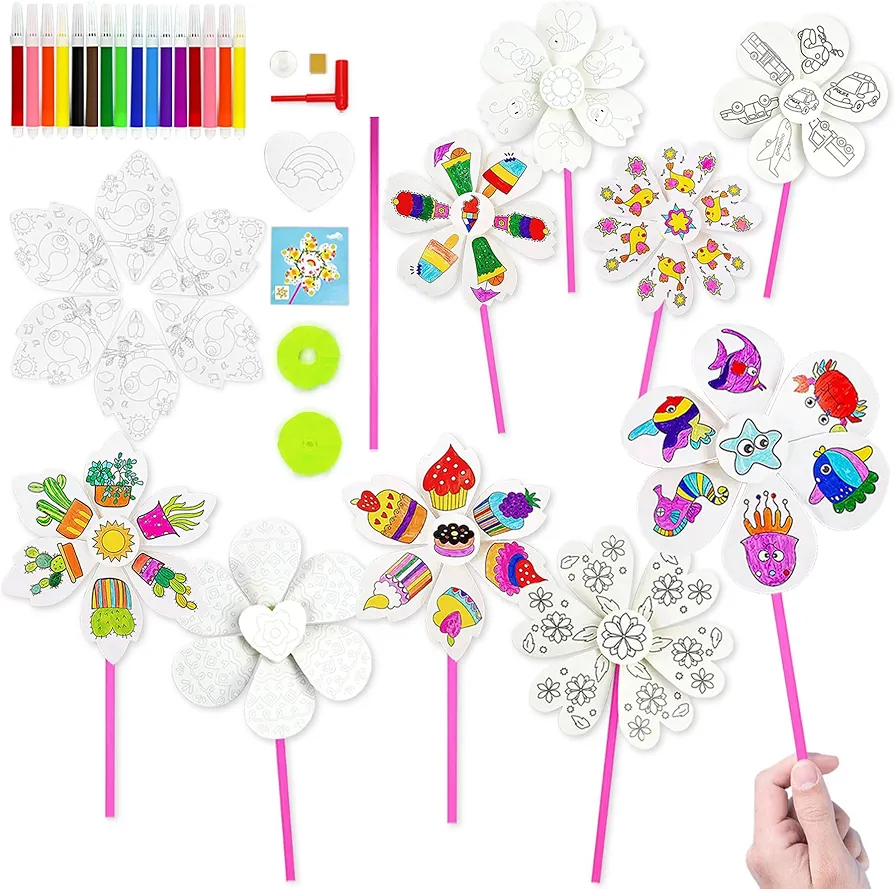 Vileafy Art Painting Party Favors for Kids 6-8 Years Old, Summer Craft Camp Activities 10 DIY Paint Pinwheels for Boys and Girls with16 Pens (10)