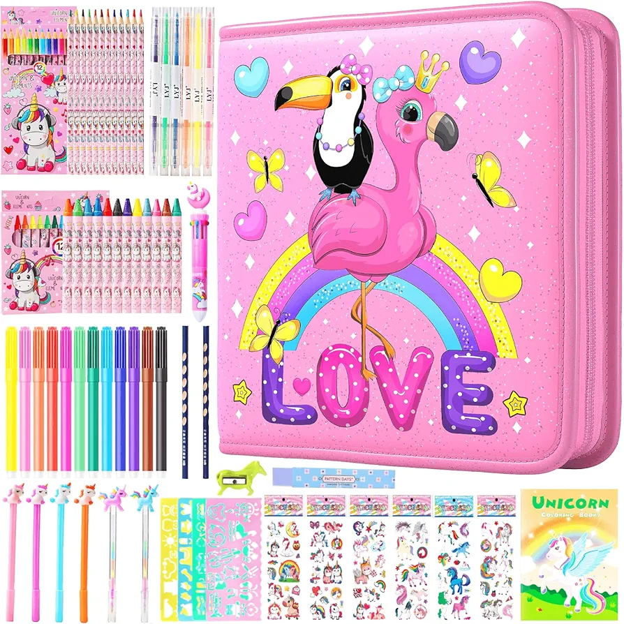 DANLCUPL Fruit Scented Markers Set 65 Pcs with Glitter Flamingo Pencil Case & Stationery, Art and Craft Coloring Supplies Birthday Gifts for Kids 4-12 Year Old (Flamingo Toucan Pink)