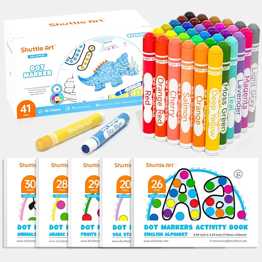 Shuttle Art Dot Markers, 36 Colors Washable with 135 Activity Sheets, 5 Activity Books, Fun Art Supplies for Kids Toddlers and Preschoolers, Non Toxic Water-Based Paint Daubers, Dot Art Markers