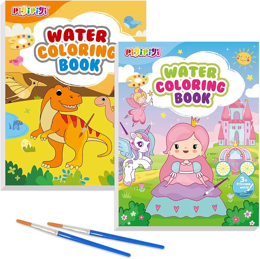 pigipigi 2 Pack Water Coloring Books: Mess Free Paint with Water Kit - Arts and Crafts for Kids Ages 4 5 6 7 8 Year Old - Travel Activities Easter Christmas Toy Princess & Dinosaur Gifts