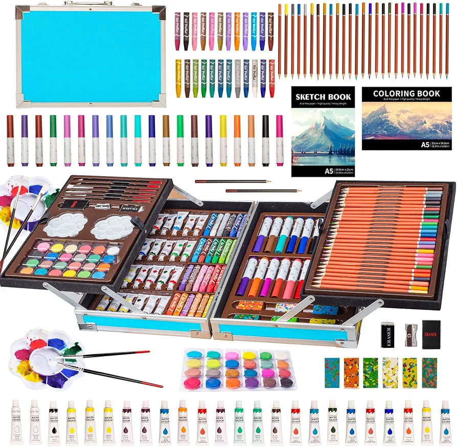 KINSPORY Deluxe Art Supplies Kit for Kids, Boys, Girls, Teens, Ages 5-12, with Sketch Pad, Watercolors, Crayons, Pencils, Markers, Oil Pastels, Palettes, Brushes, Erasers - Blue