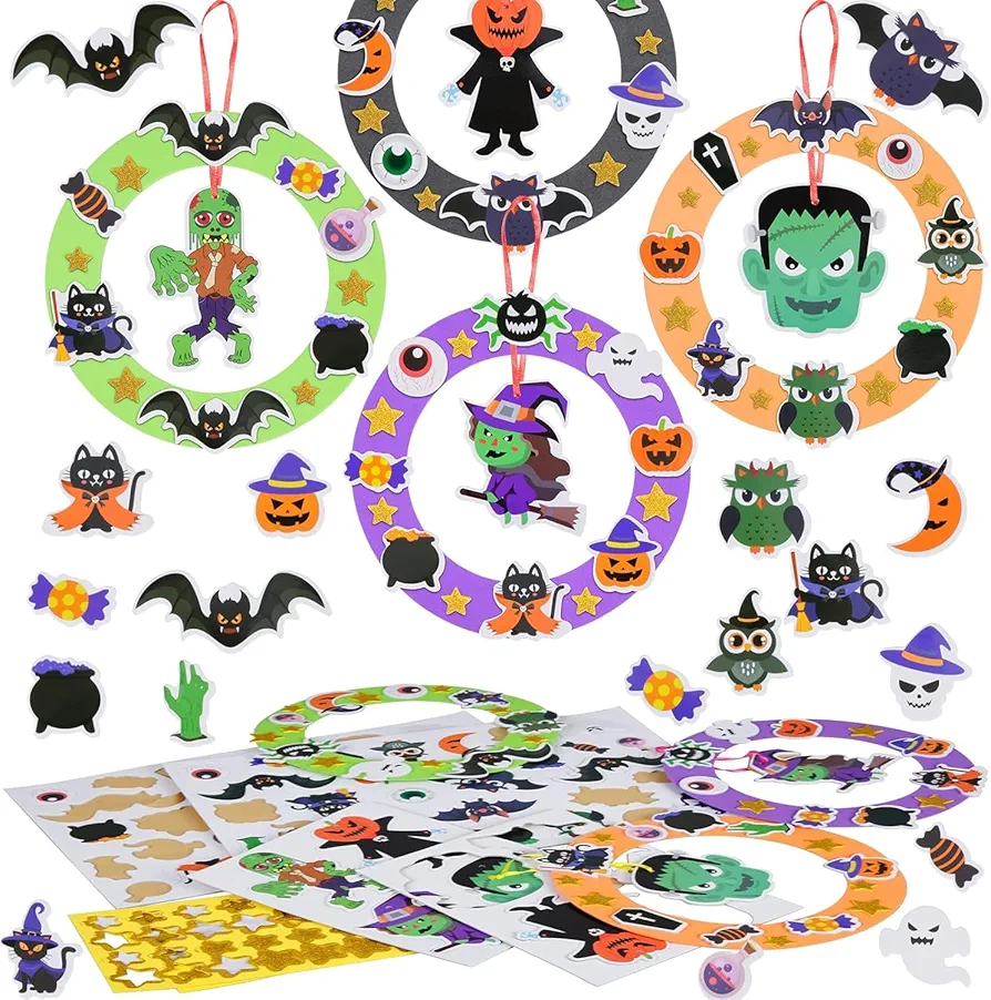 Fennoral 8 Pack Halloween Wreath Craft Kit for Kids Make You Own Halloween Wreath Foam Sticker DIY Halloween Arts and Crafts for Girls Boys Party Activities Art Ornament Halloween Decoration Supplies