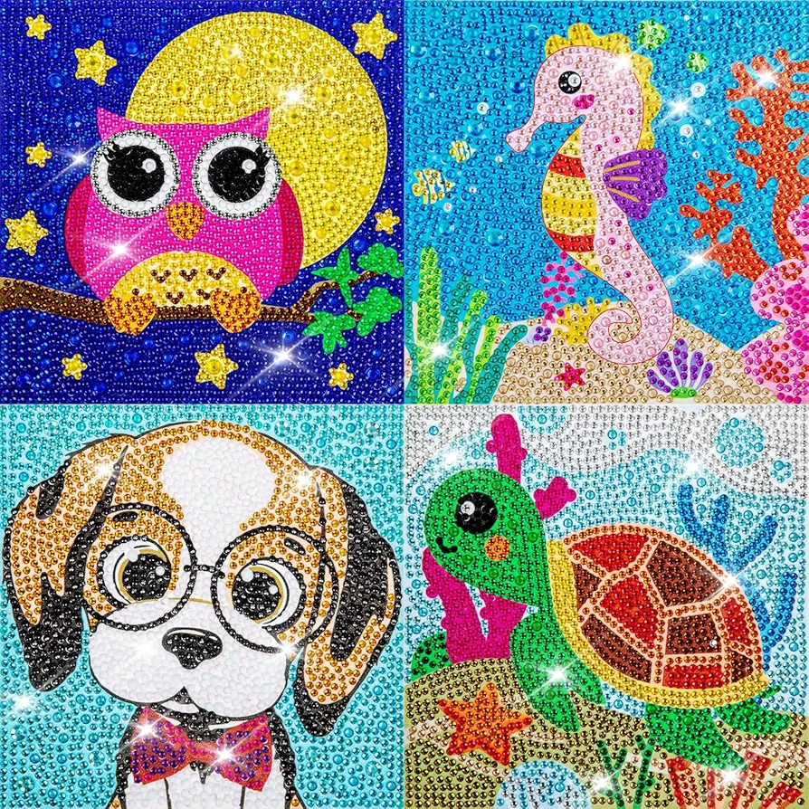 QEUOYSS 5D Diamond Art Kits for Kids Beginners Easy Kits Arts and Crafts for Kids Ages 8-12 Diamond Art Craft Set for Home Wall Decor (4 Pack B)