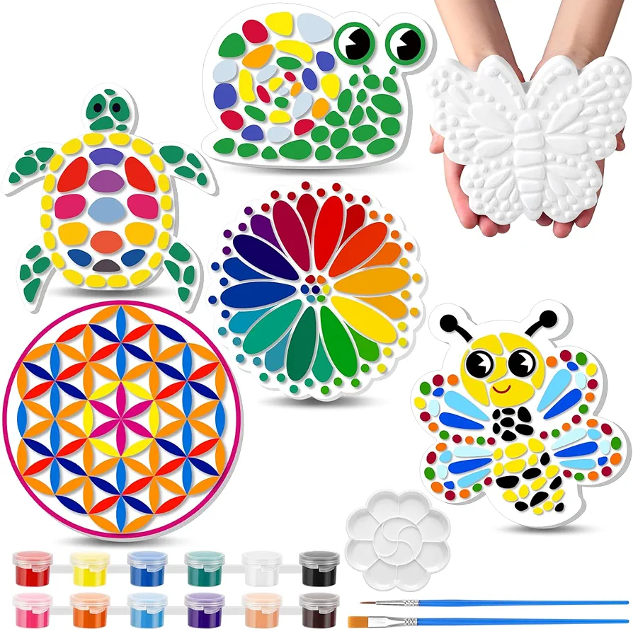 6 Pack Paint Your Own Plaster Stones Kids Arts and Crafts Painting Kit DIY Ceramic to Paint Craft Valentines Children Pottery to Paint Garden Outdoor Art Gifts Paint Set for Kids Ages 4-12