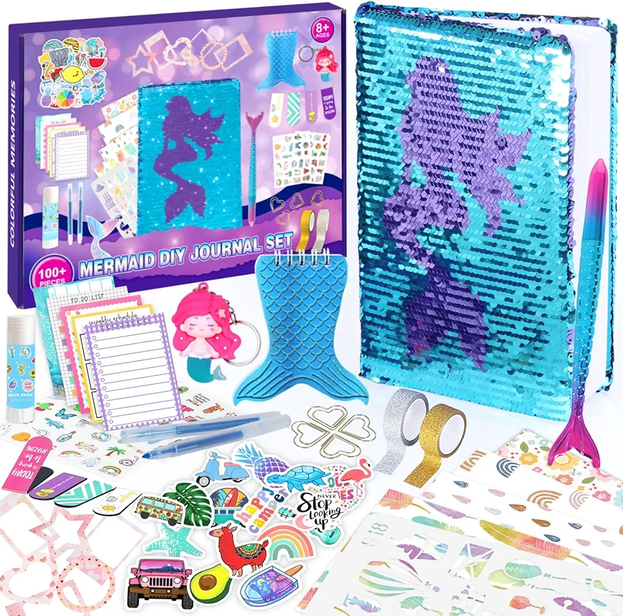 Euclidean Cube Mermaid DIY Journal Kit for Girls, 100+ PCS Sequin Scrapbook Diary Supplies Set, Gifts Ideas for Girls Ages 8 9 10 11 12 13 Year Old (Purple)