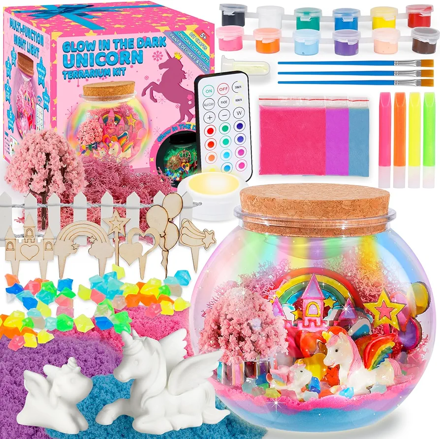 Unicorn Terrarium Kit for Kids - Arts & Crafts Activities Sets With Glow in The Dark Painting - DIY Unicorn Toys Birthday Gifts for Girls Age 5, 6, 7, 8, 9, 10, 11 & 12 Year Old(Unicorn Terrarium)