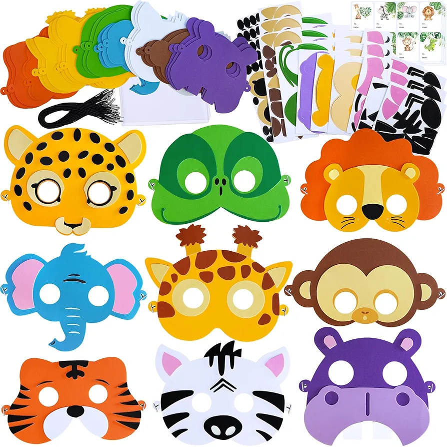 Winlyn 27 Sets Jungle Animal Masks Craft Kits Safari Animal Face Masks DIY Foam Zoo Animal Party Mask Art Sets Animal Face Stickers for Kids Jungle Safari Birthday Activities Party Favors Decorations