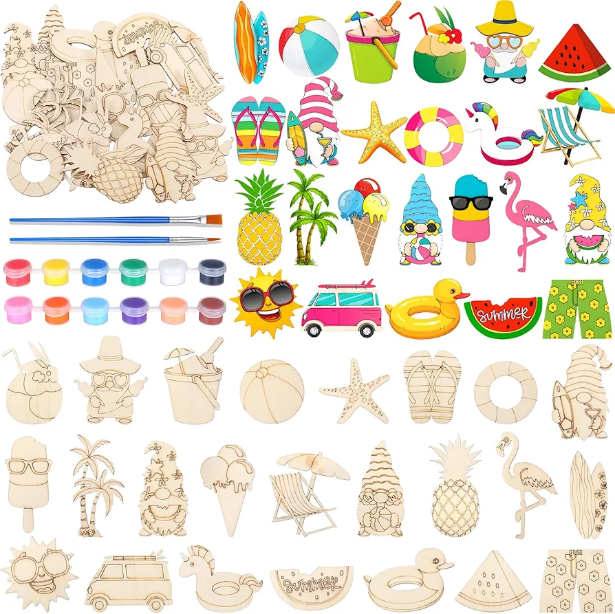 24 Pcs DIY Wooden Magnets, Wood Painting Art Crafts for Kids, Fridge Magnets Craft Kits for Boys Toddler Girls Activities Gifts School Home Party(Summer Flamingos Watermelons)