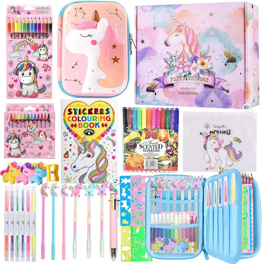 FIRITHYC Fruit Scented Markers Set,56 Pcs Art Supplies for Kids Unicorns Gifts for Girls, Markers Set with Unicorn Pencil Case Art Supplies for Kids Art and Craft Coloring (Pink)