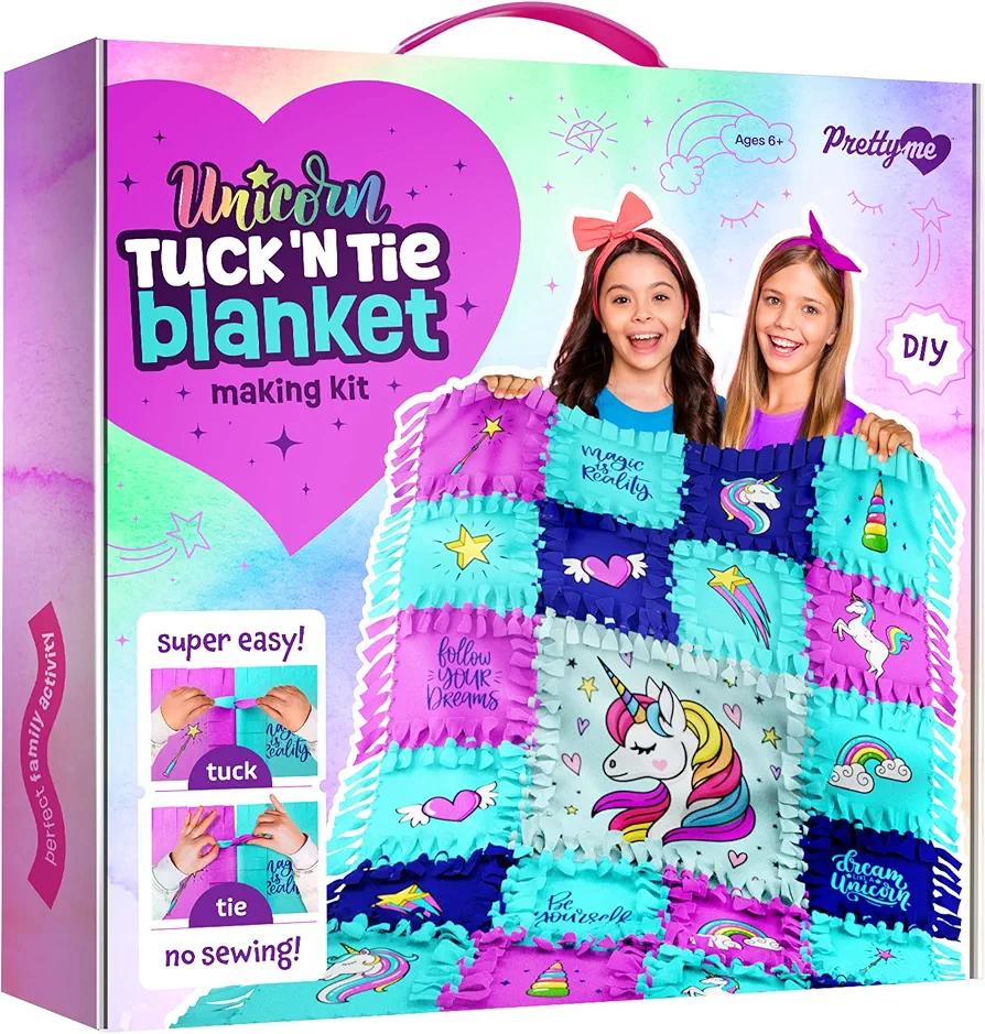 Pretty Me Unicorn Tuck N' Tie Fleece Blanket Kit - DIY Crafts for for Girls Ages 6+ Year Old - Best Arts & Craft Girl Gifts Ideas - No Sew Blanket Making Kit - Kids Crafts Gift Toys Kits