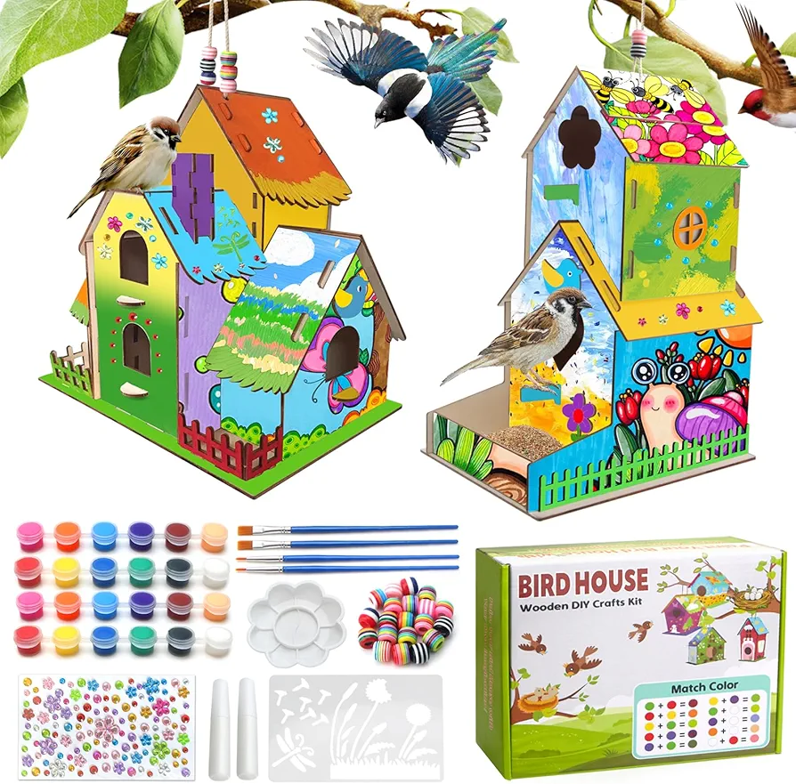 2 Pack Bird House Crafts for Kids Ages 5-8 8-12,Buildable Wooden DIY Villa Birdhouse Crafts Projects with Paint for Children to Build,Double Storey Bird House Crafts Kits for Boy Girl Awards Gift