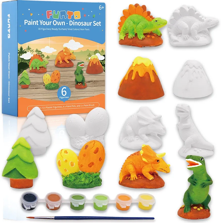 Funto Paint Your Own Dinosaurs Painting Kit, Arts and Crafts Set, STEAM Project Creative Activity DIY Toys, with 6 Figurines, 6 Paint Pots, 1 Brush