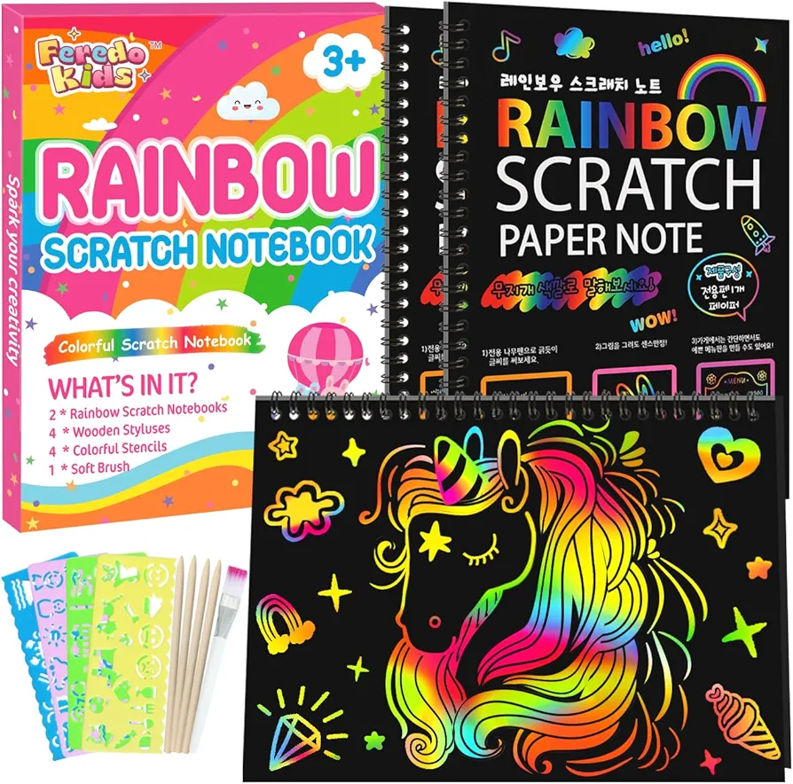 Rainbow Scratch Notebook Paper - Black Scratch Off Art Crafts Supplies Coloring Kit Toy for Kids Ages 3-9 Girls Boys DIY Children's Birthday Christmas Mother's Day Children's Day Gift 2 Pack