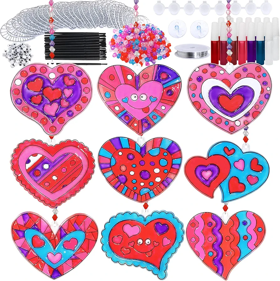 Winlyn 27 Sets Heart Suncatchers Ornaments Decoration DIY Window Paint Art Stickers Craft Kit Heart Sun Catchers for Kids Mother's Day Gift Valentine's Day Classroom Art Project Party Favors