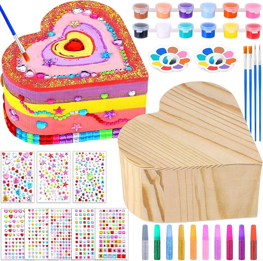 2 Pack Paint Your Own Wooden Jewelry Box DIY Crafts Kits Treasure Box Craft Kit Arts and Crafts for Kids Ages 3-12 Creative Activity Toys Birthday Gifts Valentines Mother's Day Party Favors (Heart)
