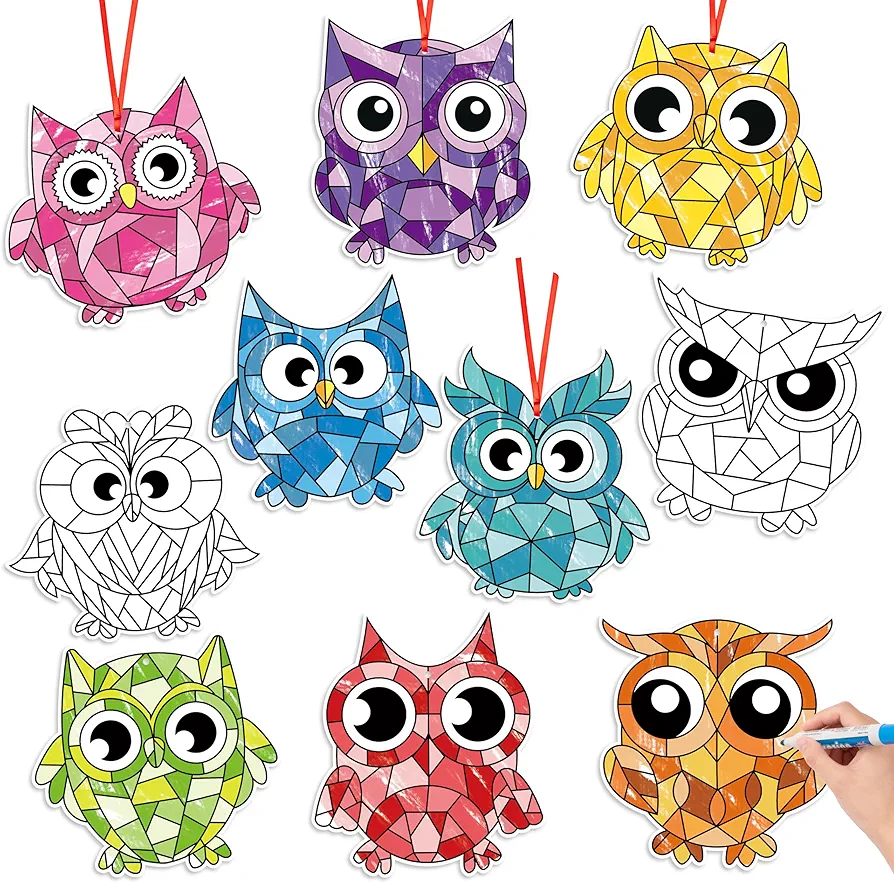 BeYumi Coloring Owl Craft Kit - 83Pcs Back to School Color Your Own Owl Kit for Kids First Day of School Gifts DIY Coloring Geometric Owl Cards School Classroom Party Activity Decor Art Craft Project