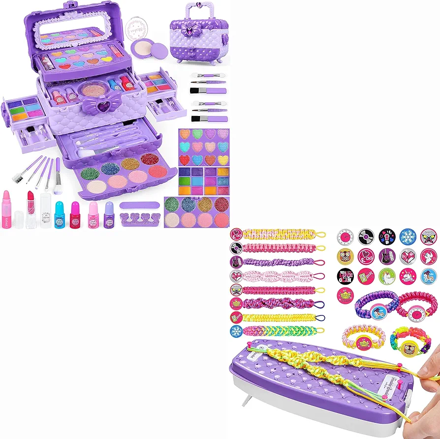Kids Makeup Kit for Girls, Real Washable Pretend Play Cosmetic Set Toys,Friendship Bracelet Making Kit for Girls,DIY Arts and Crafts Toys