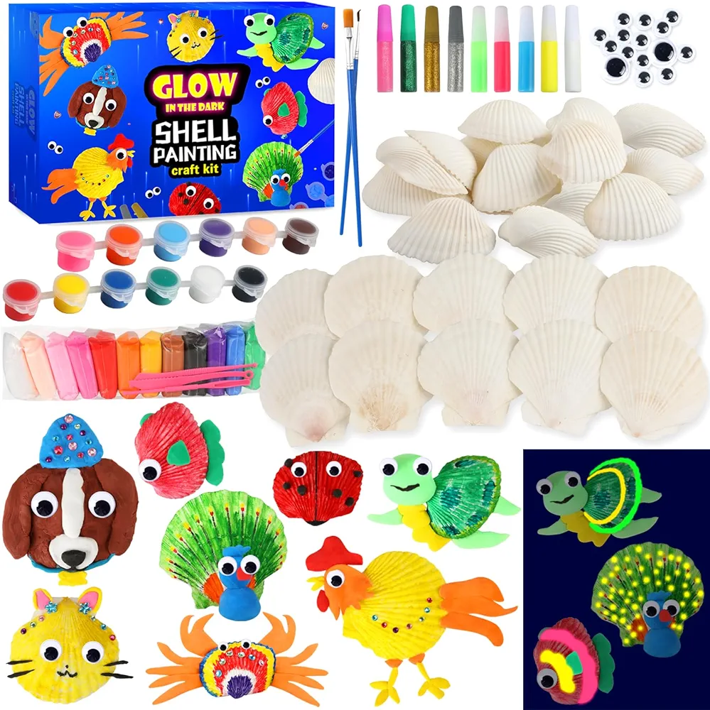 Kids Sea Shell Painting Kit Arts and Crafts Gifts for Boys Girls Glow in The Dark Craft Activities Kits Creative Art Toys for 4 5 6 7 8 9 10 11 12 Year Old Stocking Stuffers Birthday Xmas Party Favors