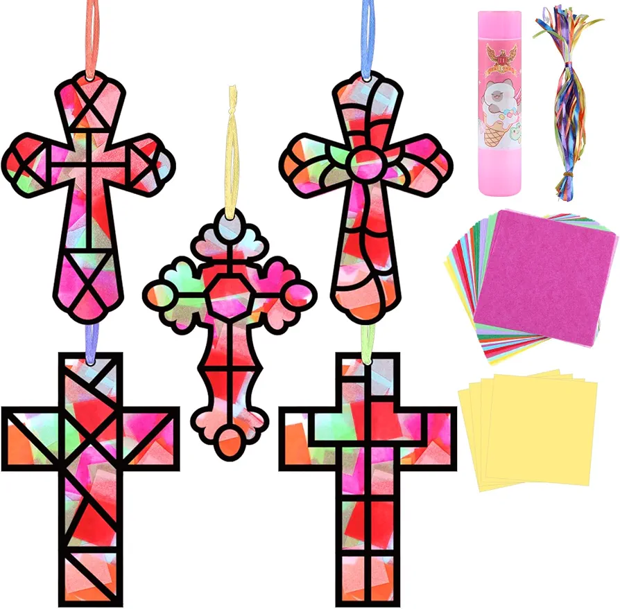 Qyeahkj 36PCS Cross Suncatchers Kits Paper Craft Set Cross DIY Window Stained Glass Effect Paper for Sunday School Window Art Classroom Decor Crafts Creative Art Projects Kids Party Favors Gift