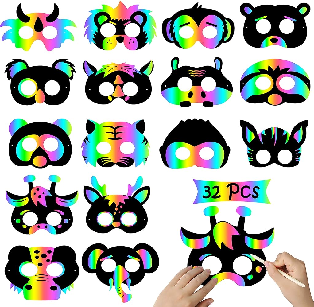 WATINC 32Pcs Scratch Paper Animal Masks, DIY Color Mask for Magic Scratch Party Favors, Birthday Gifts Pack for Children, DIY Art Craft Kit for Kids, 16 Styles with Elastic Bands &Wood Stylus