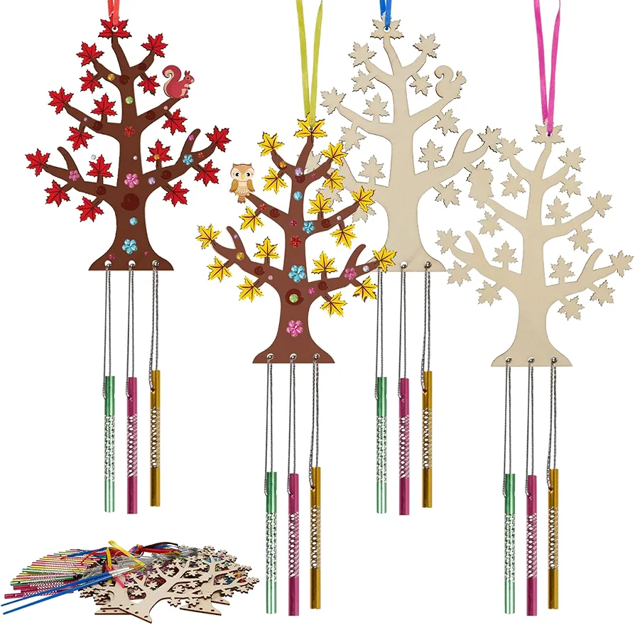 Fennoral 10 Pack Fall Wind Chime Kit for Kids Make You Own Fall Tree Wind Chime Wooden Arts and Crafts for Girls Boys DIY Coloring Fall Craft Activity Autumn Party Deocration